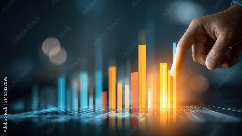 Poster a hand interacts with a glowing digital bar graph, representing data analysis and business growth on