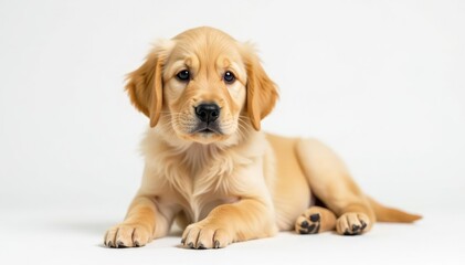 Golden retriever puppy against white backdrop, yellow, animal, dog portrait