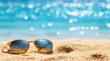Sunglasses on sandy beach, ocean background, summer vacation (2)