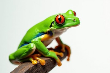 Green tree frog perched on white background, vibrant skin , green frog, tree frog