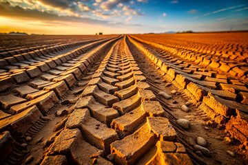 Fototapeta premium Macro Shot: Tire Tracks of a Large Empty Truck Tractor on a Dusty Trail