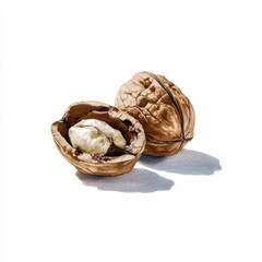 Fototapeta premium Walnut Duo on White - Nutritious Snack, Healthy Food, Culinary Ingredient, Vegan Diet, Vegetarian, Brown Shell, Kernel, Close-up, Isolated, Delicious