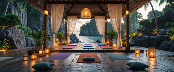 Serene yoga studio by the ocean with lanterns and open curtains for peaceful practice