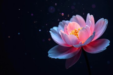 A Delicate Pink Blossom Illuminated by Sparkling Particles in a Dark Setting