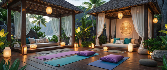 Tranquil outdoor yoga and wellness space with tropical island scenery and lighting