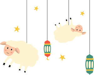 Eid al Adha Sheep Lantern Illustration. Goat, sheep, qurban animal with islamic lantern vector isolated.