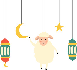 Eid al Adha Sheep Lantern Illustration. Goat, sheep, qurban animal with islamic lantern vector isolated.