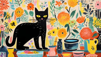 Fototapeta premium pretty illustration of cat bright rustic palette abstract decorative painting