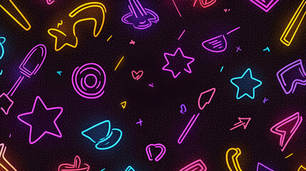 Obraz premium Neon-colored, outlined shapes and symbols create a playful pattern on a dark background. Bright, fun, and decorative 