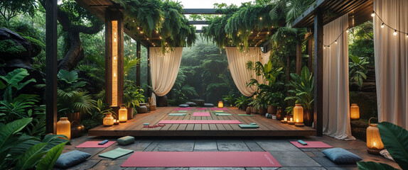 Tranquil outdoor yoga studio decorated with lush greenery and soft ambient lighting
