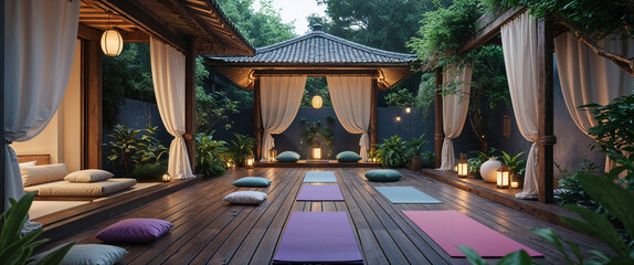 Tranquil outdoor yoga studio with curtains and lanterns for relaxation and wellness
