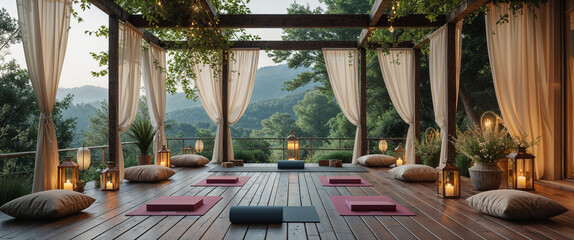 Tranquil outdoor yoga studio with candles and nature in the background.