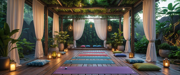 Tranquil outdoor yoga studio with curtains plants lanterns and calm natural lighting