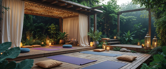 Tranquil outdoor yoga studio with mats candles and lush greenery at dusk