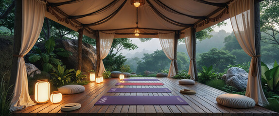 Tranquil outdoor yoga studio with peaceful atmosphere and natural forest view