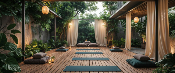 Tranquil outdoor yoga studio with wooden deck plants and soft natural light