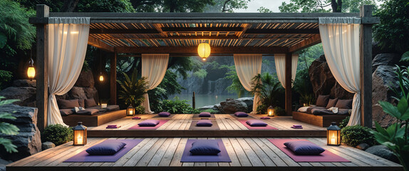 Tranquil outdoor yoga studio with wooden deck and scenic forest background