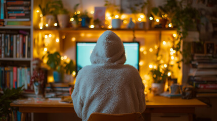 Obraz premium Cozy Home Office: Person Working at Computer with Warm Lighting