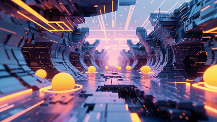 Futuristic cyber tunnel with glowing spheres and digital technology environment rendering