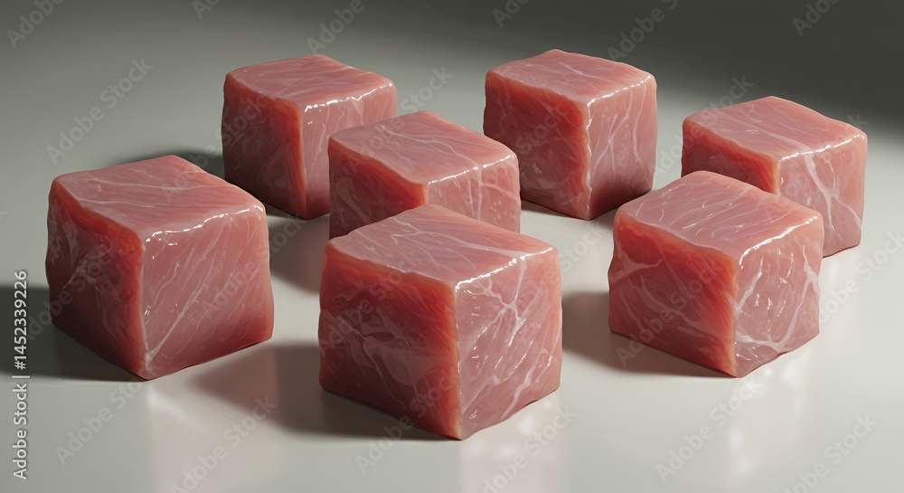Aufkleber hyperrealistic raw turkey cubes arranged on white countertop with soft studio lighting highlighting 