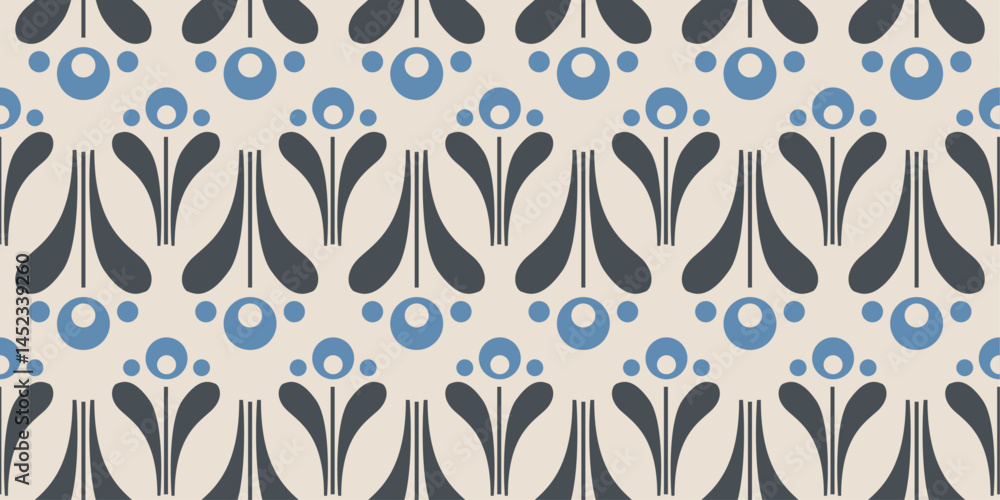 Poster background is a light beige color. the floral elements are stylized and consist of dark gray leaves 