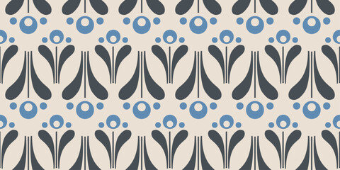 Background is a light beige color. The floral elements are stylized and consist of dark gray leaves and stems, with blue circles arranged above them.