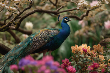 Obraz premium Majestic Peacock Amidst Vibrant Spring Blooms
