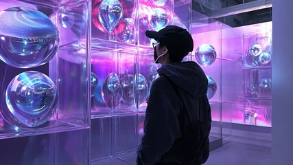 Person viewing art installation, vibrant colors, modern space