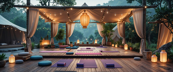 Tranquil yoga and wellness retreat outdoor setting with romantic ambiance and nature's embrace.