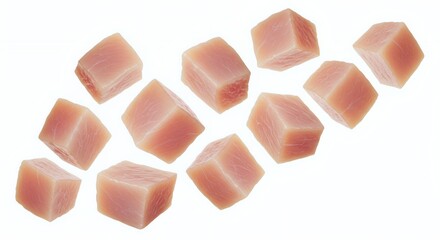 Macro Photography of Diced Raw Chicken Breast Pieces Floating in Mid Air on Isolated White Backdrop Perfect for Culinary Themed Designs Highlighting Fine Textures and for Stock Photography