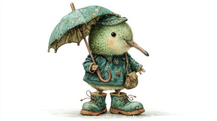 Cute cartoon kiwi bird wearing rain gear and holding an umbrella