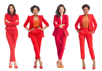 Four businesswomen wearing red suits on transparent background