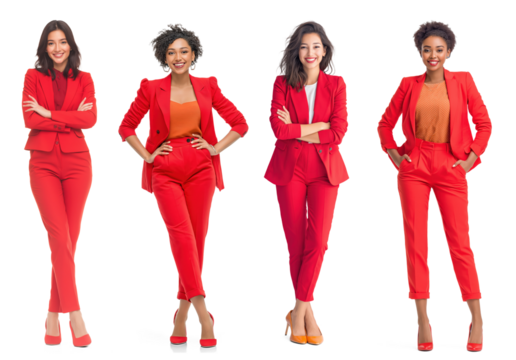 Four businesswomen wearing red suits on transparent background