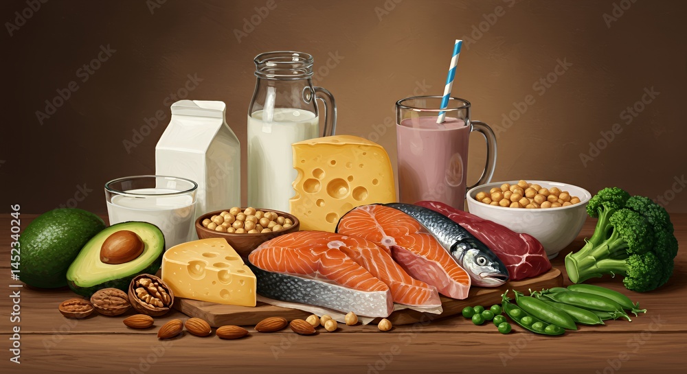 Poster nutrient rich protein assortment with fish dairy nuts and vegetables on wooden table displaying bala