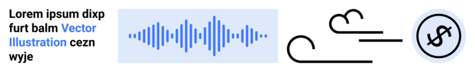 Soundwave pattern next to dollar symbol surrounded by wind motion lines. Ideal for finance, sound technology, business, economy, energy, creativity, and simple landing page