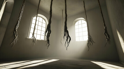 Empty room with hanging roots, light streaming through arched windows.  Roots descend from ceiling, creating a surreal atmosphere