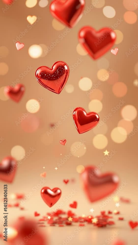 Poster floating red hearts made of shiny material, set against a softly blurred golden background. gentle b