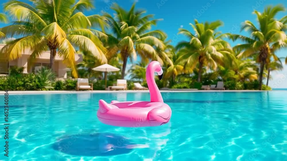 Poster A bright and vibrant pool scene featuring a pink inflatable flamingo floating on crystal-clear water. Lush palm trees and a sunny sky create a tropical atmosphere. Emphasize the reflections on the wat