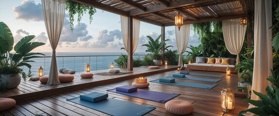 Tranquil yoga studio overlooking the ocean prepared for evening meditation and relaxation
