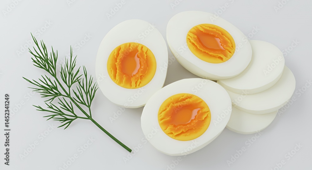 Poster pixel art of sliced boiled eggs with orange yolks and dill sprig on white table top view