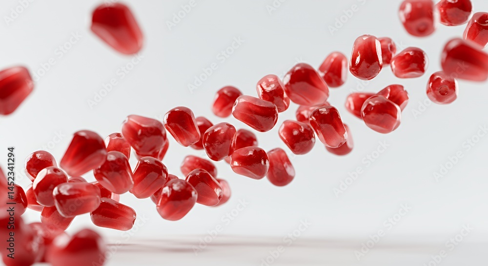 Poster pomegranate seeds cascading down on clean white backdrop with studio lighting displaying freshness a