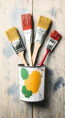 Paintbrushes in a tin can on wood