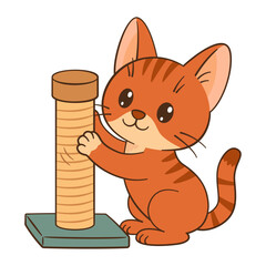 Cute orange tabby kitten sharpens its claws on the scratching post. Flat tyle, clean, simple, adorable feline graphic. Perfect for childrens content, greeting cards, stickers, tshirts, mugs, posters.
