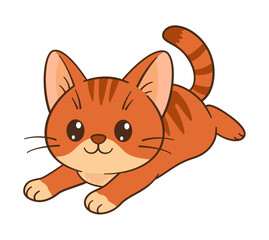 Cute orange tabby kitten is lying on his belly. Chibi ginger Cat. Flat style, clean, simple, adorable feline graphic. Perfect for children’s content, greeting cards, stickers, or tshirts, mug, poster