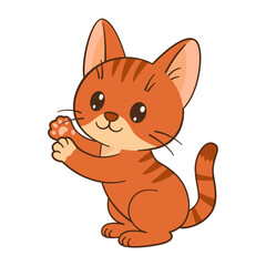 Cute orange tabby kitten wants to catch something with its paws. Flat tyle, clean, simple, adorable feline graphic. Perfect for childrens content, greeting cards, stickers, tshirts, mugs, posters.
