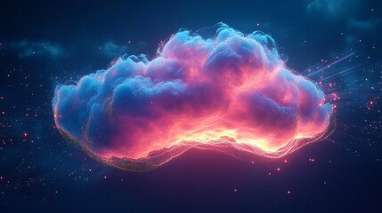 Fototapeta premium Futuristic glowing cloud with vibrant neon lights and particle trails in a cosmic night sky, digital fantasy concept