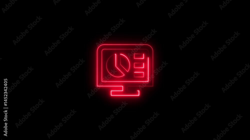 Poster neon red glowing monitor displaying business statistics analytics and charts against black backgroun