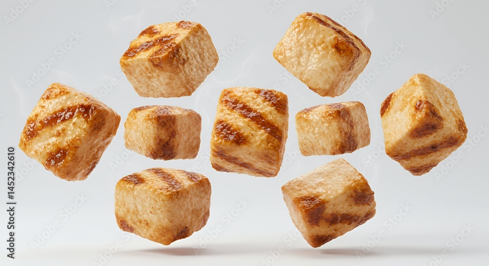 Poster succulent grilled chicken cubes floating in white space with visible sear marks and juicy texture pe