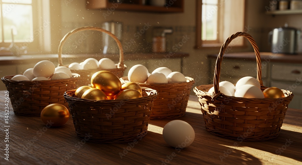 Aufkleber sunlit wicker baskets with golden and white eggs on rustic wooden table creating soft shadows in a k
