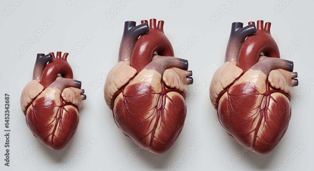 Poster three anatomical heart models displaying progressive sizes on clean white background symbolizing car